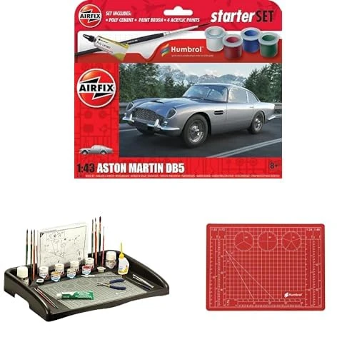 Bundle of Airfix Starter Set - A55011 Aston Martin DB5 Model Building Kit - Plastic Model Car Kits for Adults & Children, Also Includes the Humbrol Work Station & Matching A4 Cutting Mat