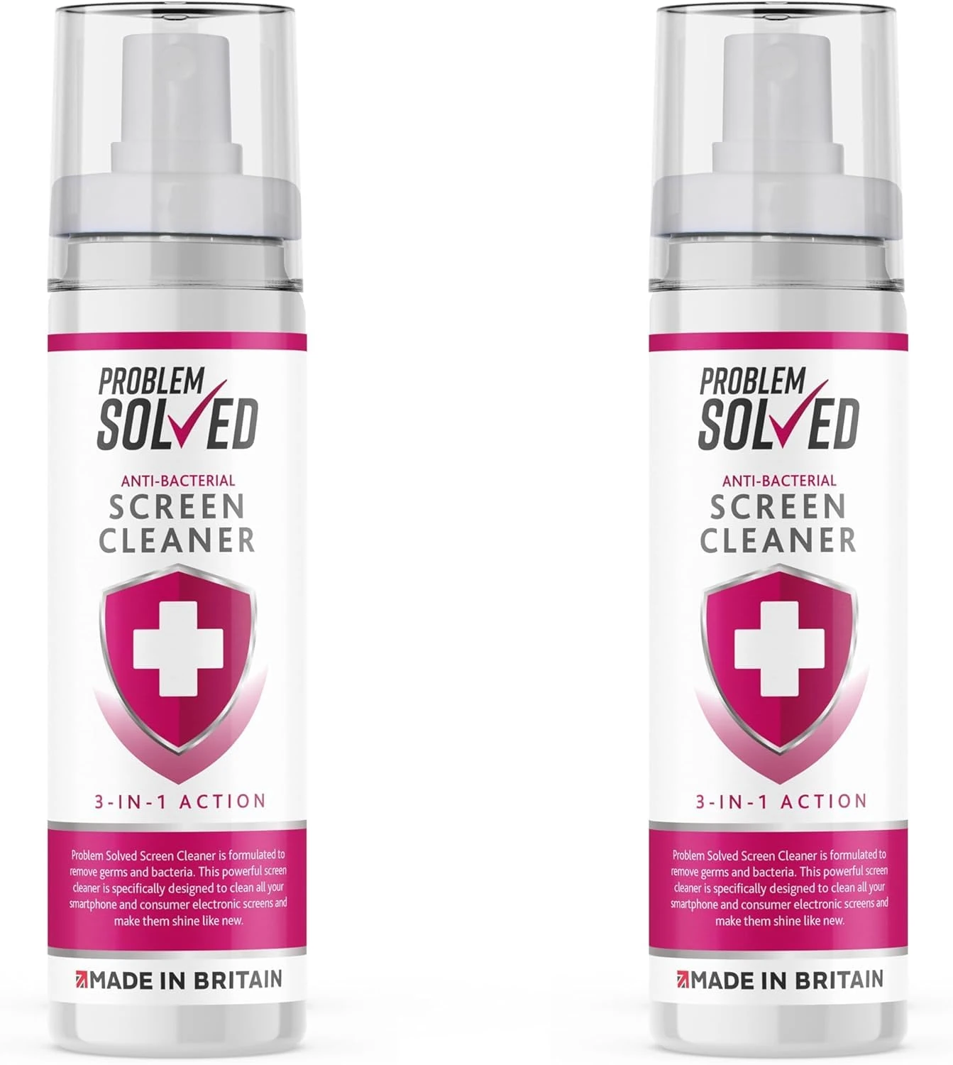 Problem Solved Anti-Bacterial Screen Cleaner - Universal Spray for Monitors, TVs, Tablets & Smartphones - 2 x 100ml - Kills Germs & Clears Dirt