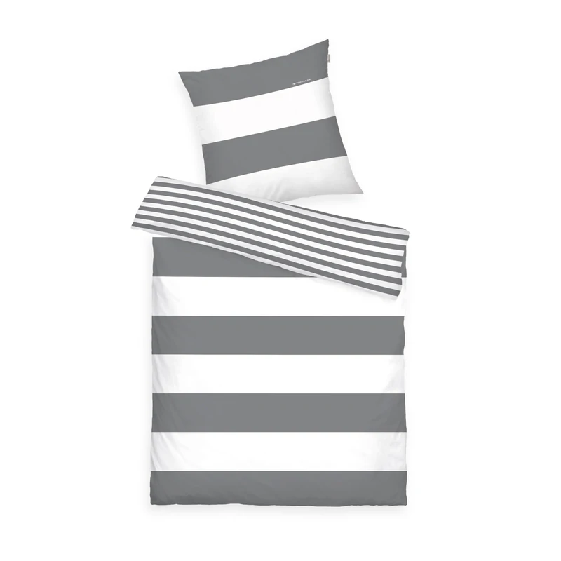 TOM TAILOR Renforcé Bed Linen, 80 x 80 cm + 155 x 220 cm, 100% Cotton/Renforcé, with Reversible Motif and Branded Zip, Siena, Grey, White - Image 1