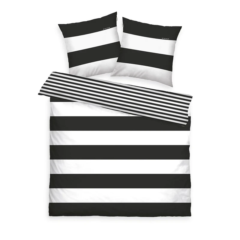 TOM TAILOR Renforce Bed Linen 2 x 80 x 80 cm + 200 x 220 cm, 100% Cotton/Renforcé, Reversible Pattern and Branded Zipper, Siena White, Black