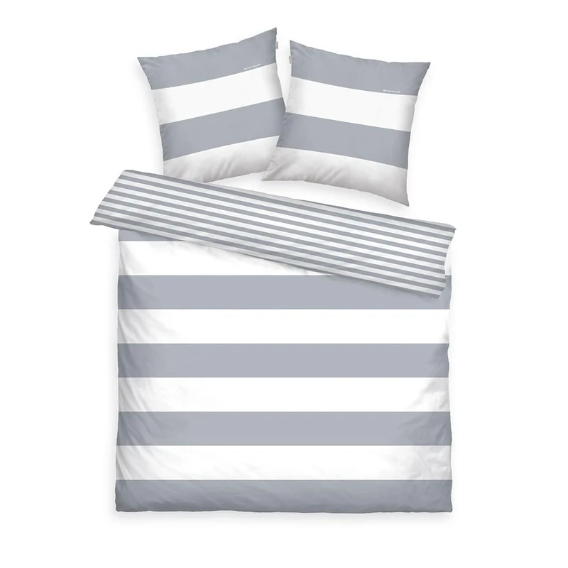 TOM TAILOR Renforcé Bed Linen, 2 x 80 x 80 cm + 200 x 220 cm, 100% Cotton/Renforcé, Reversible Pattern and Branded Zipper, Siena White, Grey