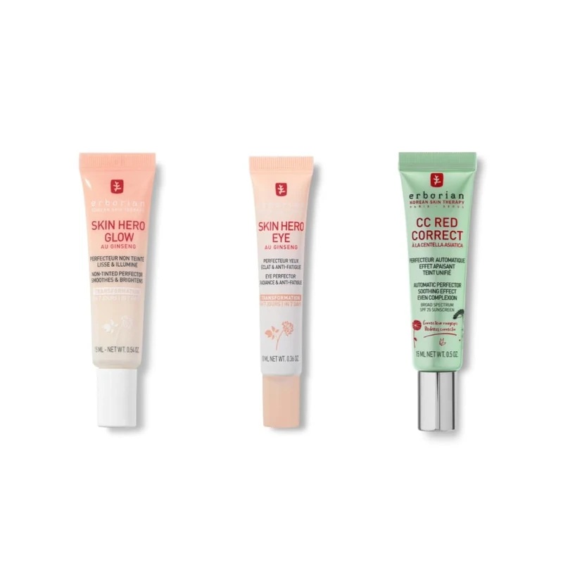 Erborian - Set of 3 products: 1 CC Red Correct Anti-Redness Tinted Cream - Green + 1 Untinted Skin Perfecting Facial - Pink + 1 Untinted Eye Perfector - Nude - Korean Cosmetics