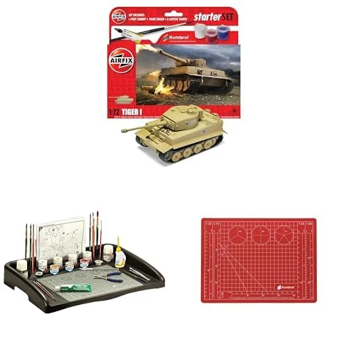 Airfix Welcome to the Hobby Bundle - A55004 Tiger 1 Model Building Kit - Plastic Model Tank Kits for Adults & Children, Also Includes the Humbrol Work Station & Matching A4 Cutting Mat