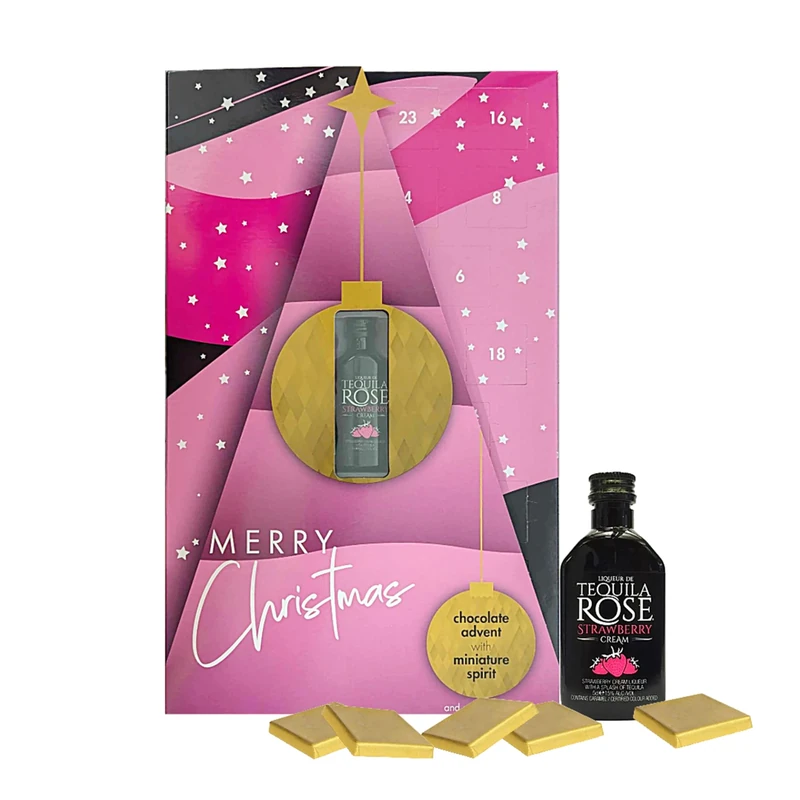 Tequila Rose Advent Calendar 2024 - Strawberry Cream Liqueur 5cl Miniature Alcohol Bottles with 24 Days Christmas Countdown Chocolate Squares with Topline Card. Great Christmas Gifts for Women
