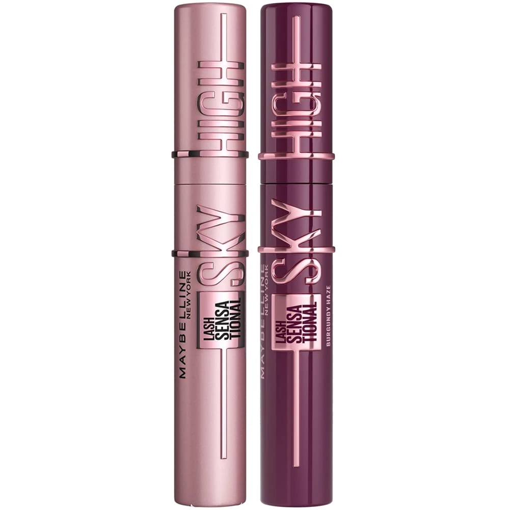 Maybelline New York Lash Sensational Sky High Mascara, Volumising & Lengthening Mascara, Washable Flake-Free Formula: Black + Burgundy Haze (Duo Bundle)