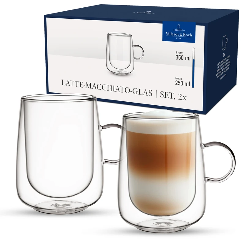 Villeroy & Boch – Artesano Hot&Cold Beverages Latte Macchiato Glass, Set of 2 Glasses, Double-Walled Glasses for Cold and hot Beverages, 250 ml, Borosilicate Glass, Dishwasher-Safe, Microwave-Safe