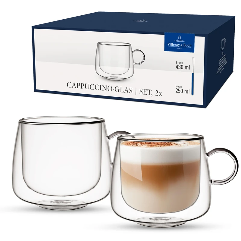 Villeroy & Boch – Artesano Hot&Cold Beverages Cappuccino Glass, Set of 2 Glasses, Double-Walled Glasses for Cold and hot Beverages, 250 ml, Borosilicate Glass, Dishwasher-Safe, Microwave-Safe