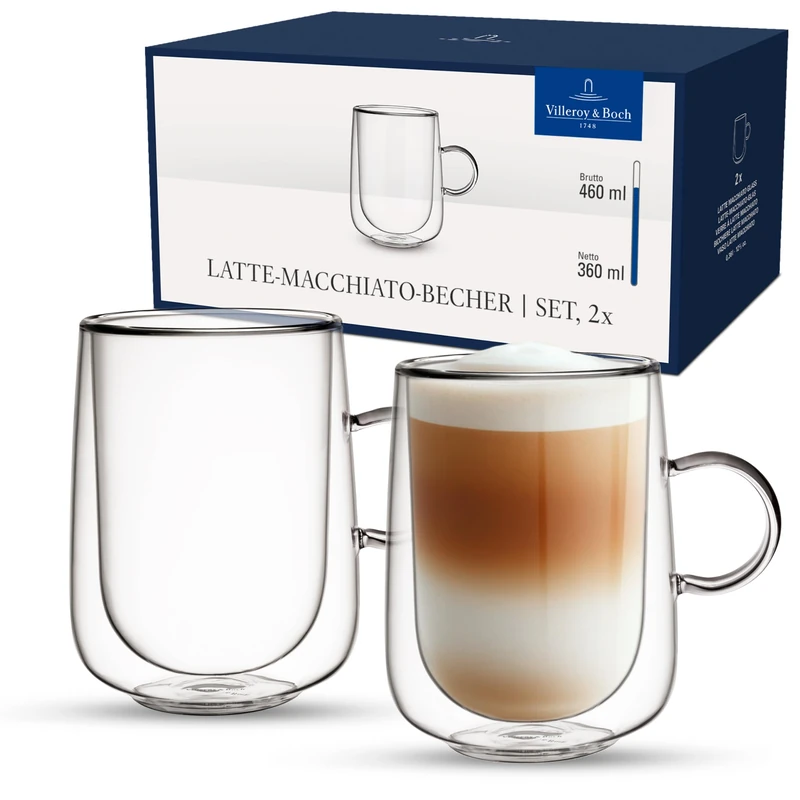 Villeroy & Boch – Artesano Hot&Cold Beverages Latte Macchiato Glass Large, Set of 2 Glasses, Double-Walled Glasses for Cold and hot Beverages, Borosilicate Glass, Dishwasher-Safe, Microwave-Safe