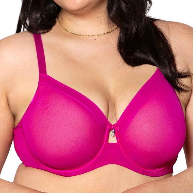 Curvy Couture Women's Sheer Mesh Full Coverage Unlined Underwire Bra, Glamberry, 34F