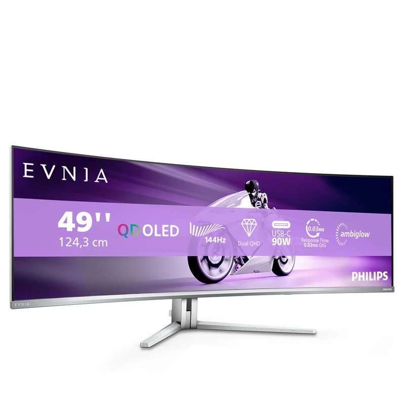 Philips Evnia 49M2C8900LA - 49 inch DQHD OLED curved gaming monitor, 144 Hertz, 0.03ms GtG, HDR400, Ambiglow (5120x1440, HDMI 2.1, DisplayPort 1.4, USB-C, USB Hub) white
