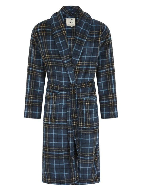 John Christian Men's Warm Fleece Dressing Gown, Blue and Yellow Check Pattern (L)