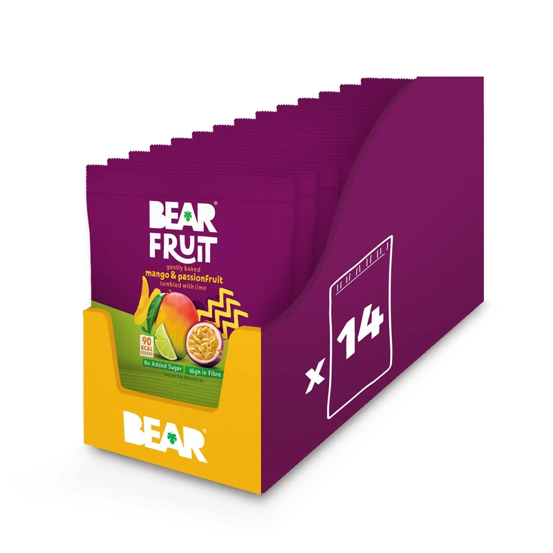BEAR Fruit Dried Mango & Passionfruit Packs - Gently Baked Fruit - Healthy - Vegan - 14 x 30g