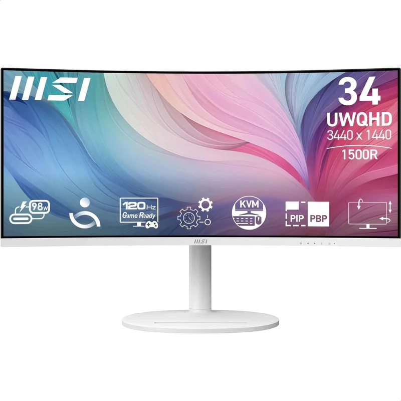 MSI Modern MD342CQPW 34 Inch UWQHD 1500R Curved Monitor - 3440 x 1440 VA Panel, KVM, PIP/PBP, Wide Color Gamut, Eye-Friendly Screen, Built-in Speakers, 3-Way Adjustable - HDMI 2.0b, DisplayPort (1.4a)