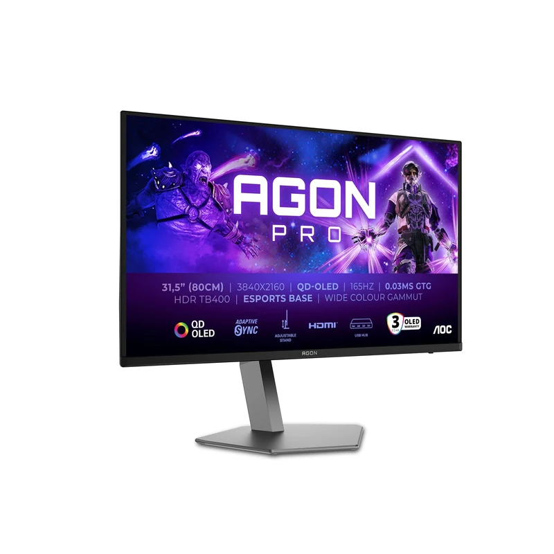 AOC AGON Pro AG326UDAM - 32 inch UHD OLED gaming monitor, 165 Hz, 0.03 ms, HDR400, FreeSync Prem. Pro, G-Sync comp. (3840x2160, 2x HDMI 2.1, 1x DP 1.4, USB Hub) black gray