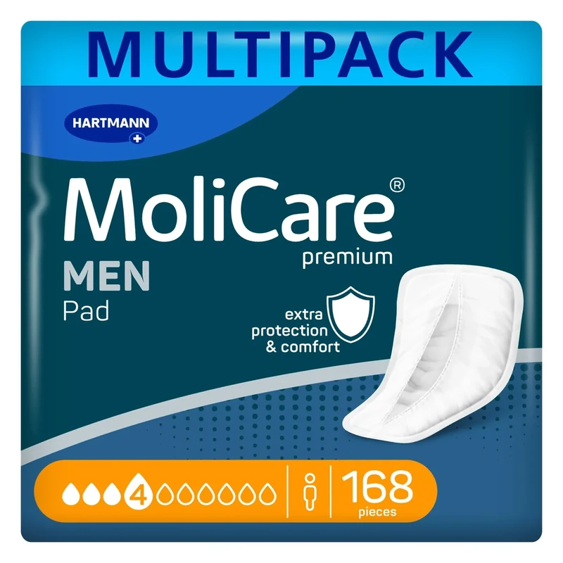 MoliCare Men Pad 4 Drops Discreet Incontinence Pads, Protection for Light to Moderate Leaks, Anti-Leak Guards, Instant-Dry Feeling, Advanced Skin Protection, 12 Packs of 14 Pads (168 Pieces)
