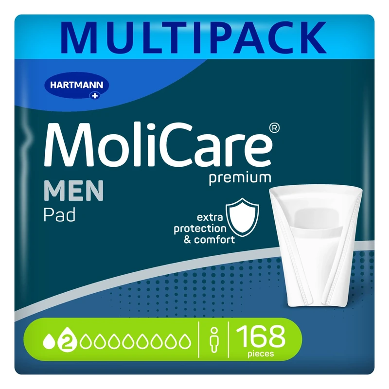 MoliCare Men Pad 2 Drops Discreet Incontinence Pads for Men, Protection for Drips & Dribbles, Instant-Dry Feeling, Advanced Skin Protection, Pouch Design, 12 Packs of 14 Pads (168 Pieces)
