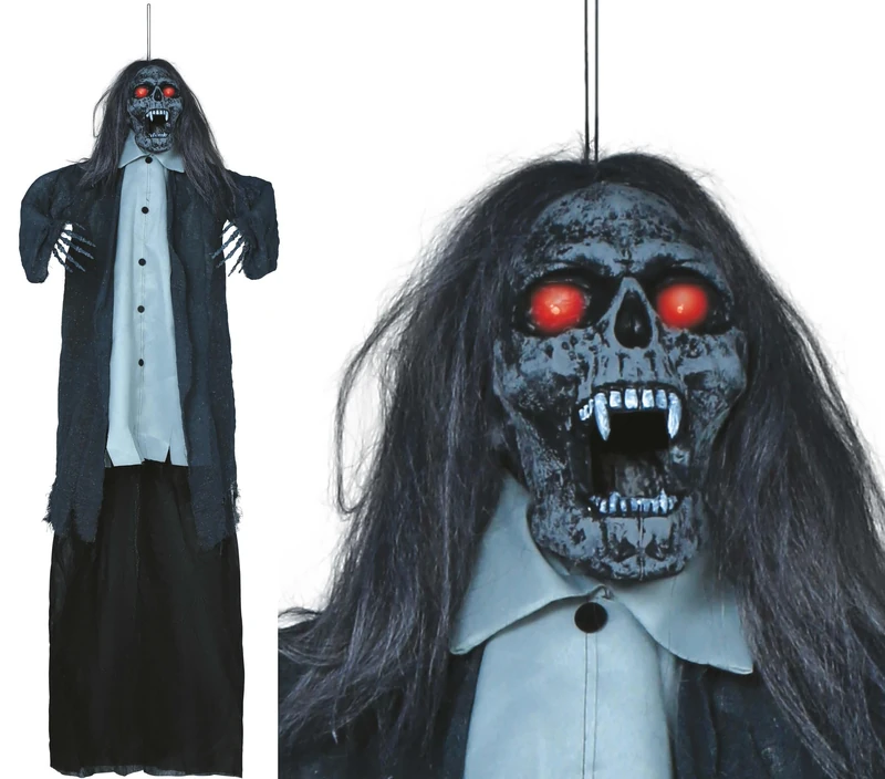 FIESTAS GUIRCA | Zombie Vampire Pendant with Light, Sound and Movement (160 cm) - Halloween Decoration for Parties and Celebrations - Ideal for Spooky Environments - Black and Grey