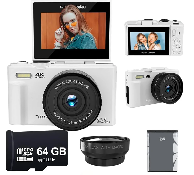 Acuvar 4K 64MP Digital Camera for Photography, Vlogging Camera for YouTube with 3.0’’ 180° Flip Screen, 18X Digital Zoom (Beginner Kit, White)