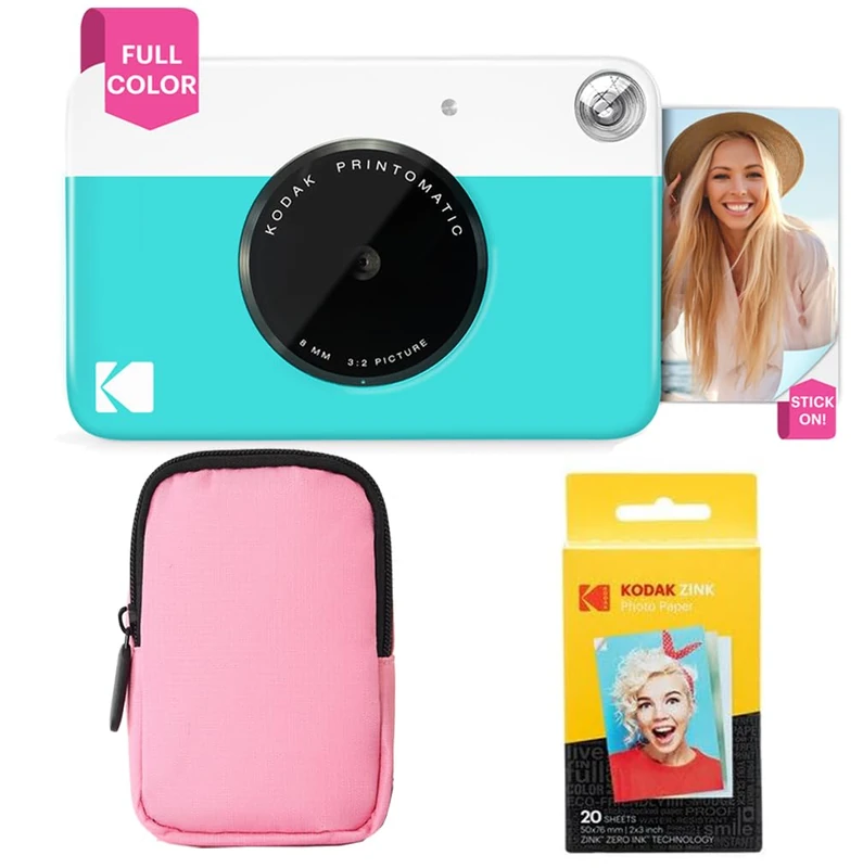 KODAK Printomatic Full-Color Instant Print Camera Starter Bundle + Soft Case + Zink 20pk Photo Paper - Colorful Photos On 2x3" Sticky-Back Paper - Fun Gift for Birthday Christmas Holiday - Blue