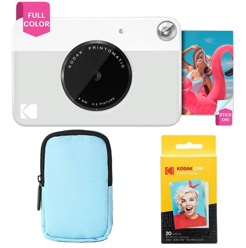 KODAK Printomatic Full-Color Instant Print Camera Starter Bundle + Soft Case + Zink 20 pack Photo Paper - Colorful Photos On 2x3" Sticky-Back Paper - Fun Gift for Birthday Christmas Holiday - Grey