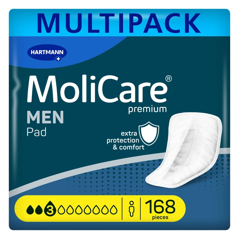 MoliCare Men Pad 3 Drops Discreet Incontinence Pads for Men, Protection for Light Leaks with Anti-Leak Guards, Instant-Dry Feeling, Advanced Skin Protection, 12 Packs of 14 Pads (168 Pieces)