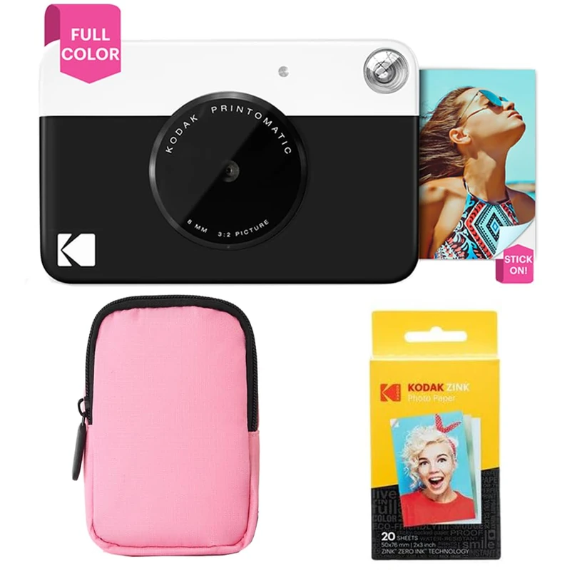 KODAK Printomatic Full-Color Instant Print Camera Starter Bundle + Soft Case + Zink 20pk Photo Paper - Colorful Photos On 2x3" Sticky-Back Paper - Fun Gift for Birthday Christmas Holiday - Black