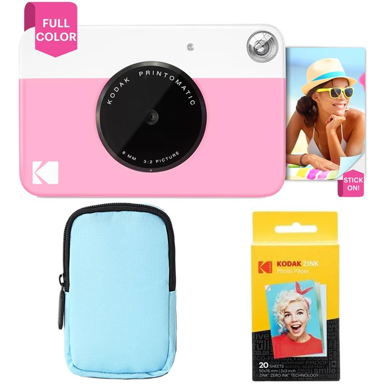 KODAK Printomatic Full-Color Instant Print Camera Starter Bundle + Soft Case + Zink 20 pack Photo Paper - Colorful Photos On 2x3" Sticky-Back Paper - Fun Gift for Birthday Christmas Holiday - Pink