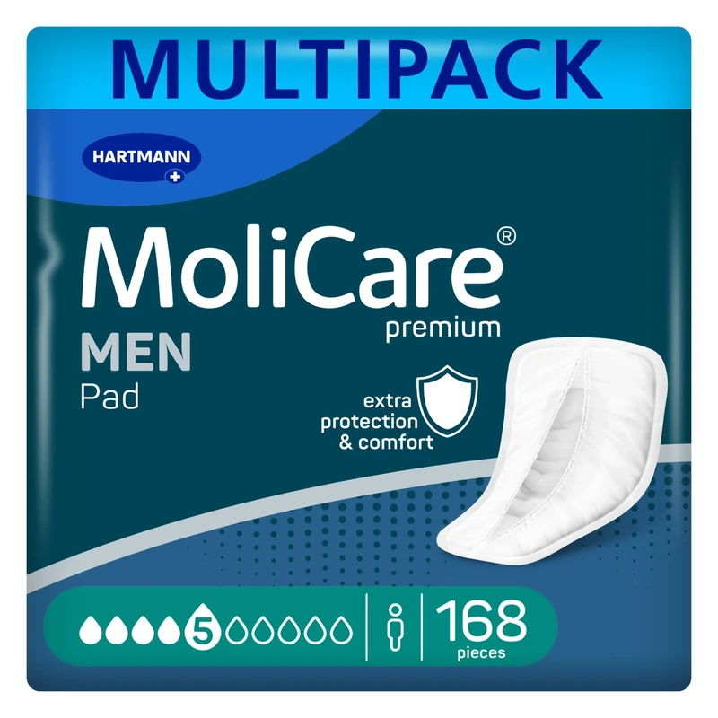 MoliCare Men Pad 5 Drops Incontinence Pads for Men, Protection for Moderate Leaks with Anti-Leak Guards, Instant-Dry Feeling, Advanced Skin Protection, 12 Packs of 14 Pads (168 Pieces)