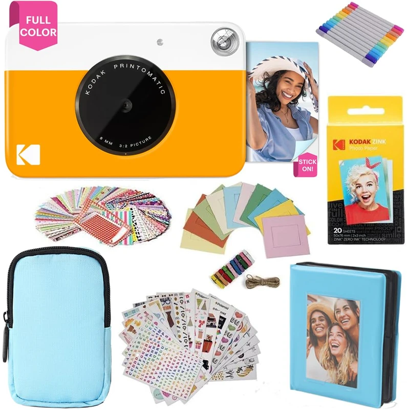 KODAK Printomatic Full-Color Instant Print Camera Gift Bundle + Soft Case + Zink 2x3" Sticky Back Photo Paper 20pk + Album + Sticker Sets + Sticker Frames + Markers + Hanging Frames, Fun Gift - Yellow