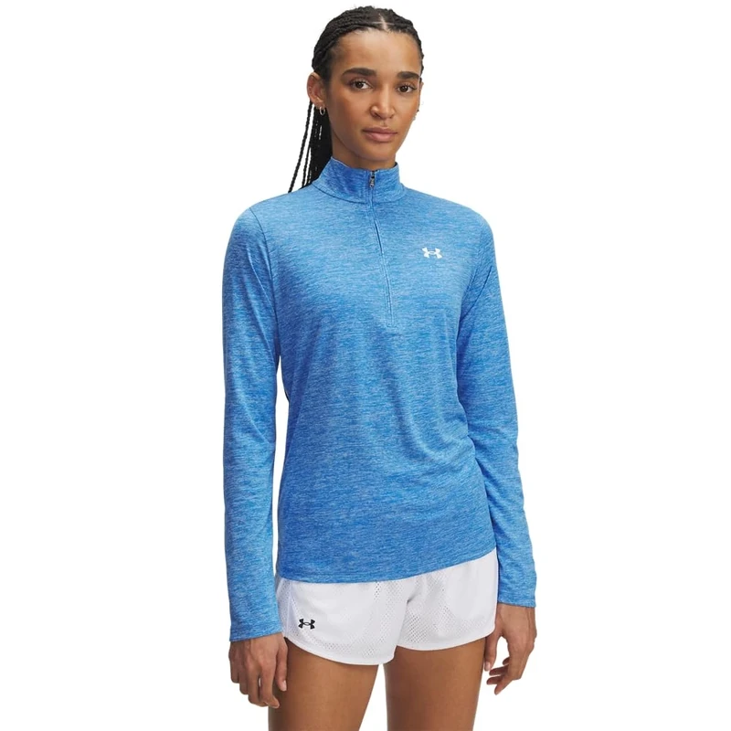 Under Armour Women's Tech Half-Zip Twist, Women's Gym Wear Made from Super-Soft, Fast-Drying Material, Half-Zip Top with Odour Control Technology,Blue Atlantis / / White,SM