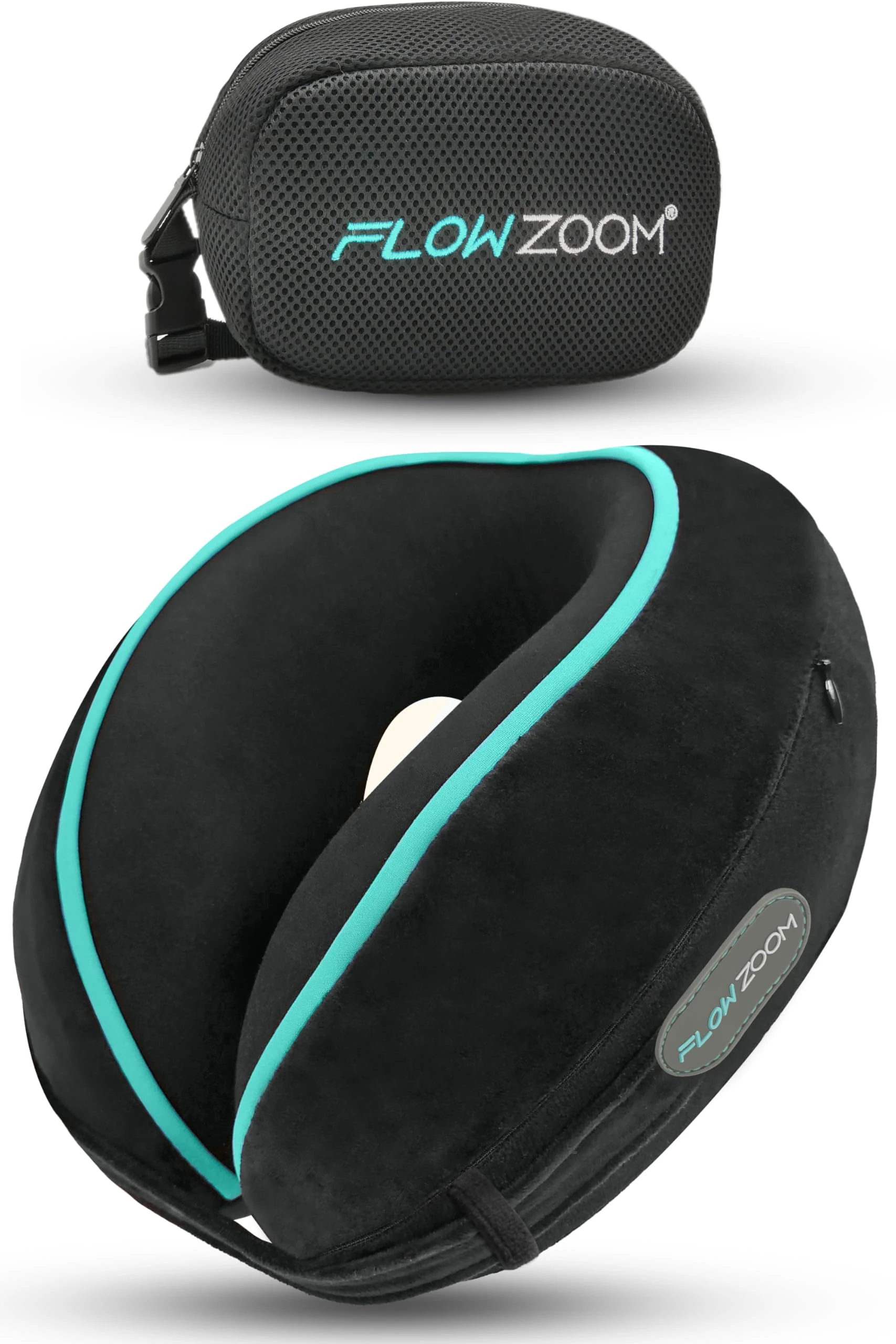 FLOWZOOM Dream Travel Neck Pillow for Airplane & Car – Adjustable Memory Foam Travel Cushion with Higher Sides for Extra Support, Soft, Washable Plush Cover and Compact Mesh Bag - Black