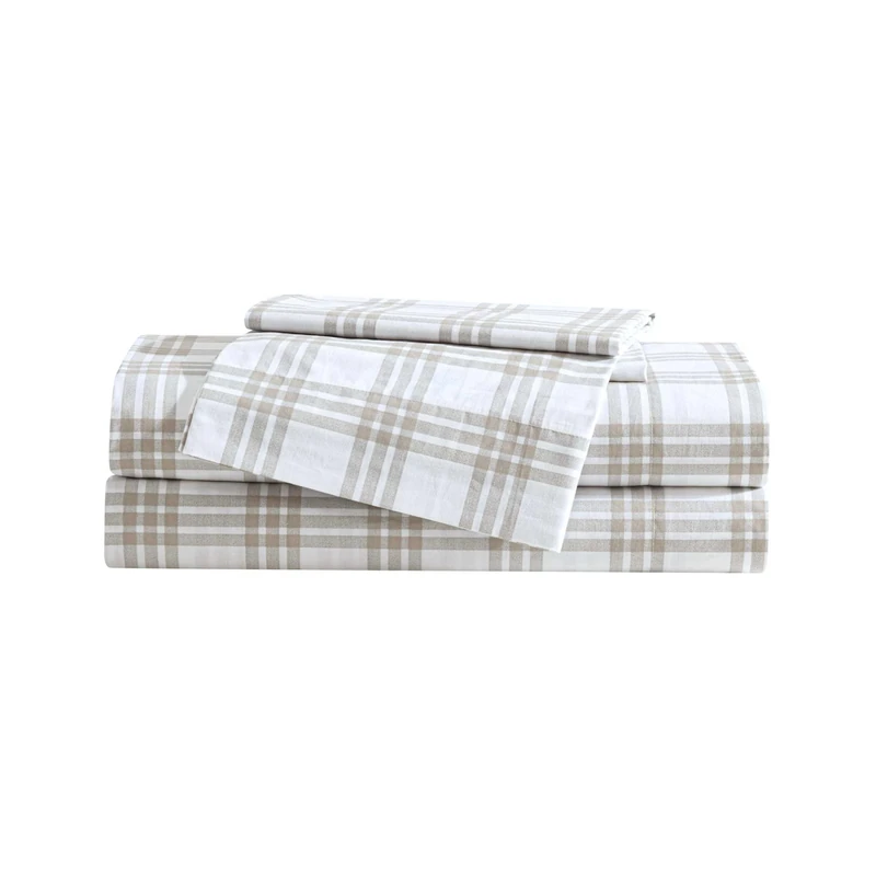 Eddie Bauer - King Sheet Set, Cotton Percale Bedding Set, Super Soft and Cozy Home Decor, Oeko-Tex Certified (Basic Plaid Beige, King)