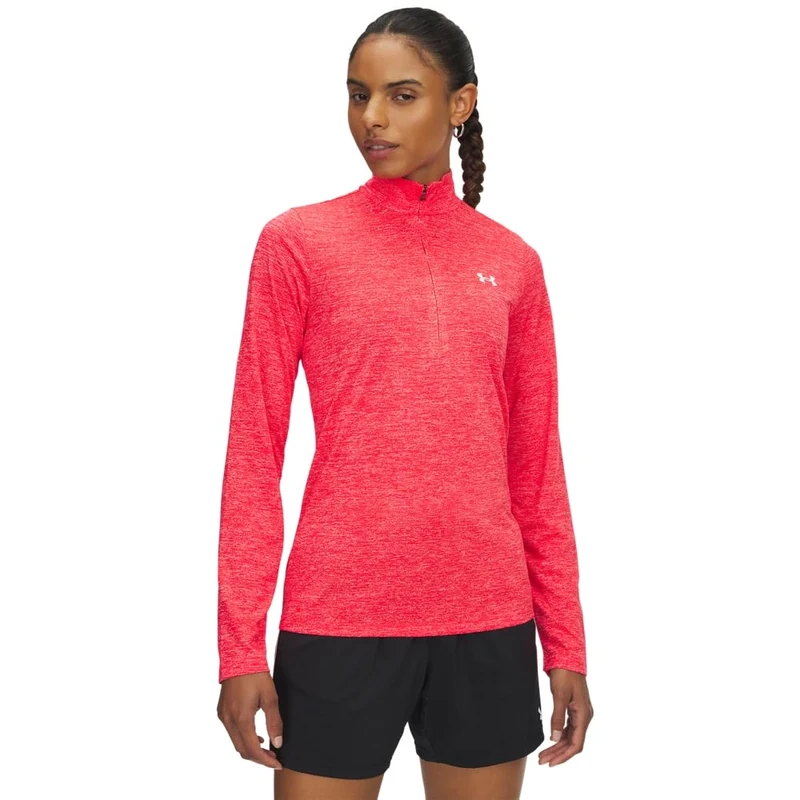 Under Armour Women's Tech Half-Zip Twist, Women's Gym Wear Made from Super-Soft, Fast-Drying Material, Half-Zip Top with Odour Control Technology,Racer Red / / White,MD