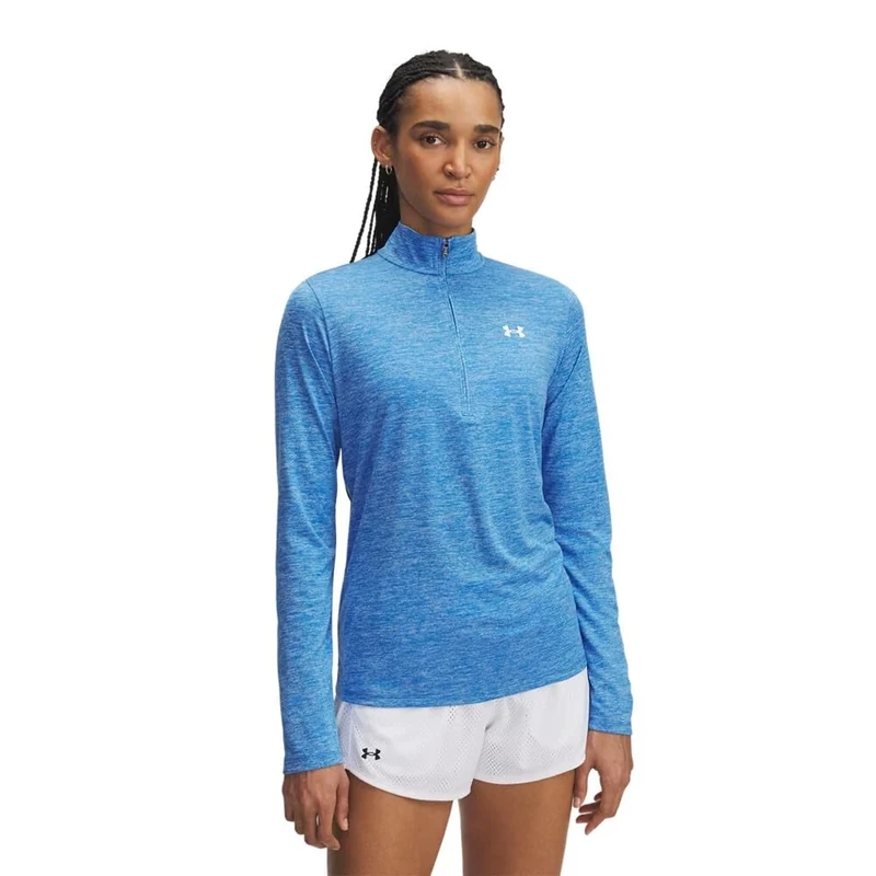 Under Armour Women's Tech Half-Zip Twist, Women's Gym Wear Made from Super-Soft, Fast-Drying Material, Half-Zip Top with Odour Control Technology,Blue Atlantis / / White,XS