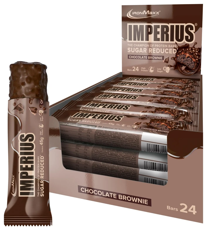 IronMaxx Imperius, Chocolate Brownie 24x45g, Low Sugar Protein Bar with Soy Protein Crispies for Extra, Crunch, High Protein and Sugar reduced