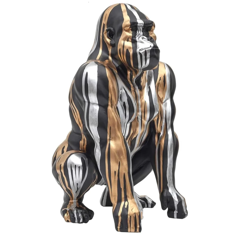 HOME DECO FACTORY, HD0213 Black Gorilla Statue with Gold and Silver Scrolling, Contemporary Design, Durable Resin, Elegant Indoor Focal Point, H45cm, Black/Gold/Silver