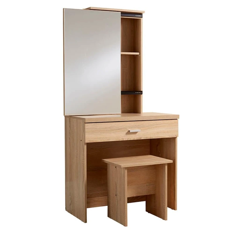 Home Source Dressing Table, Sliding Storage Vanity Mirror and Stool, 1 Drawer, Oak Effect