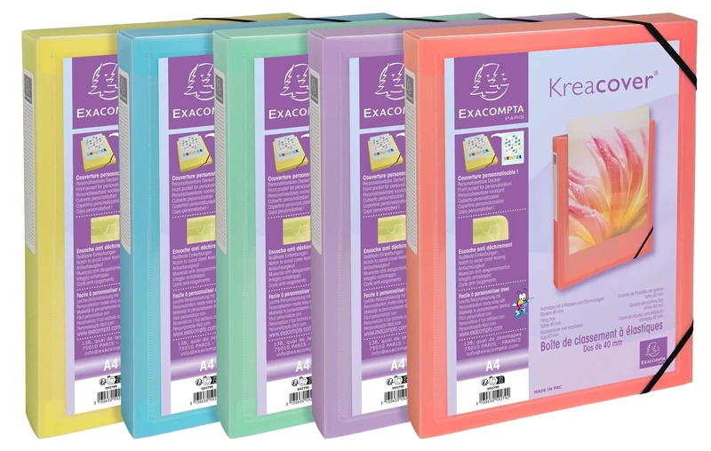 Exacompta - Ref 59279E - 5 Boxes with Elastic Bands Kreacover Pastel - Polypropylene - 4 cm Spine - Dimensions 25 x 33 cm - for A4 Format - Delivered Fully Assembled
