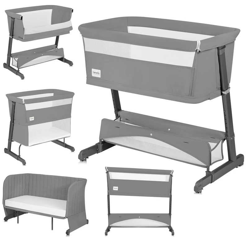 Lionelo THOMI PLUS 5-in-1 Convertible Baby Cot, Co-Sleeper Crib, Playpen, Toddler Bed & Kids Sofa, Up to 4 Years, Adjustable Height, Breathable Mesh Sides, 2 Mattresses, Storage Basket Washable Covers