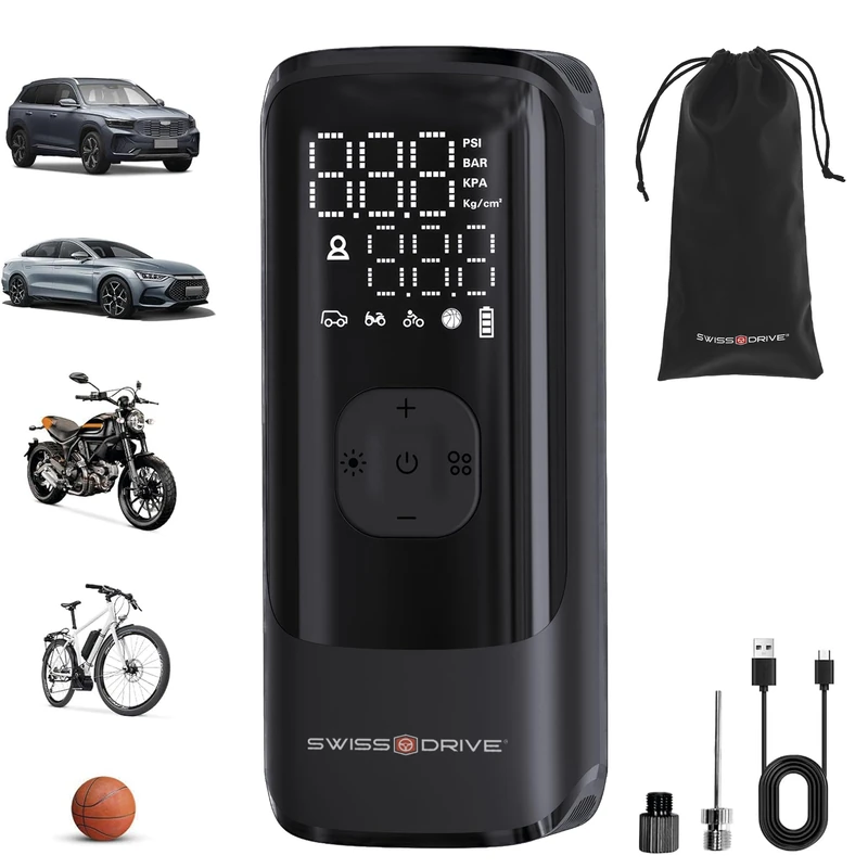 SUMEX S Portable Air Compressor 160 PSI 2X Faster Tire Inflator 10.3 Bar 7500mAh with Digital LCD Display and LED Flashlight Rechargeable USB Battery Inflator Wheels Car Motorcycle Bikes