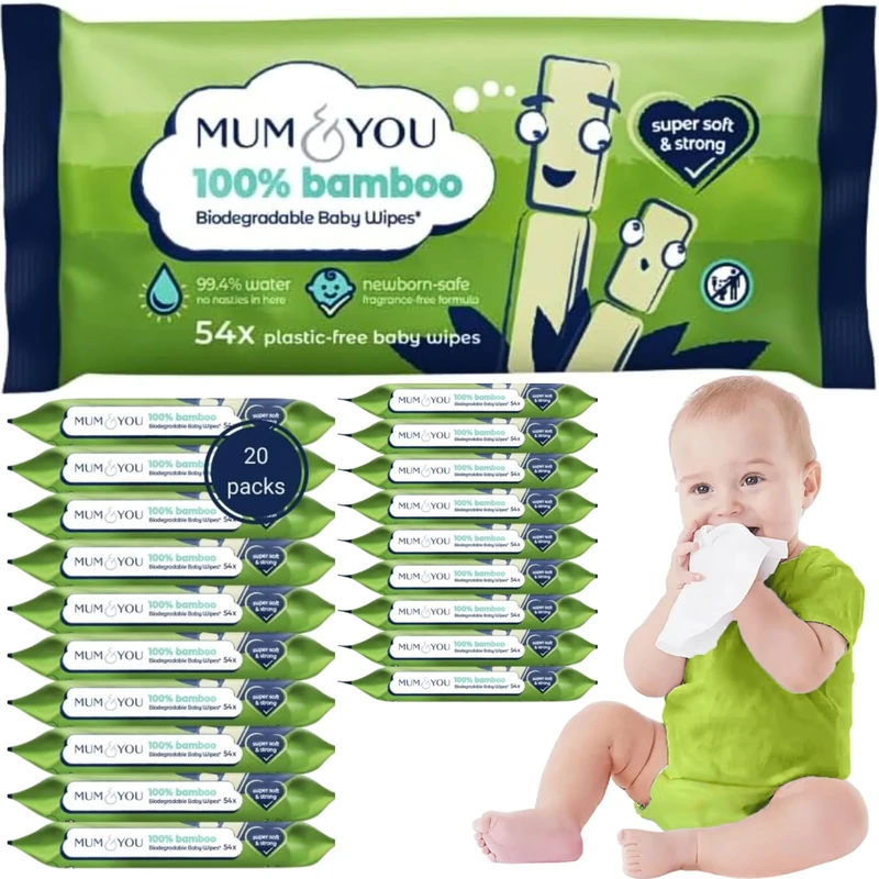 Mum & You Bamboo Baby Wipes Multipack - 100% Biodegradable Wet Bamboo Wipes (20 Packs), 99.4% Water| Ideal Wipes for Sensitive Newborn Skin, Wet Tissue