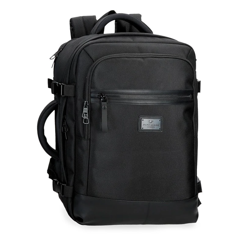 Pepe Jeans Blackmore Cabin Backpack for Laptop 15.6 Inches Black 30 x 44 x 18 cm Polyester with Faux Leather Details 23.76L by Joumma Bags, Black/White, One Size, Laptop Cabin Backpack