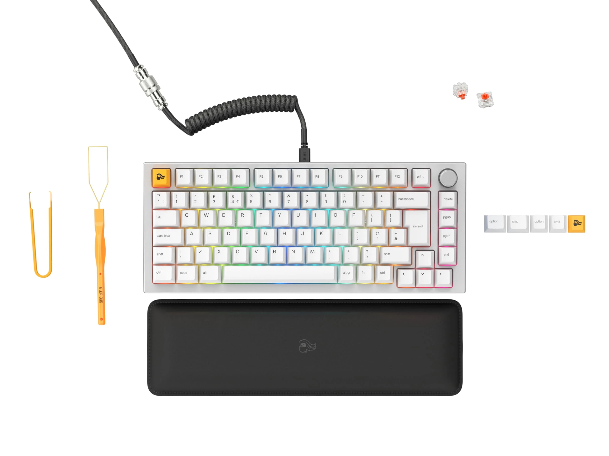 Glorious Gaming GMMK PRO 75% - Modular Mechanical Gaming Keyboard, TKL Size, 1.5kg Frame, Customisable, Fox Switches, Coiled Cable, Wrist Rest, White PBT Keycaps, RGB, English UK QWERTY Layout - White