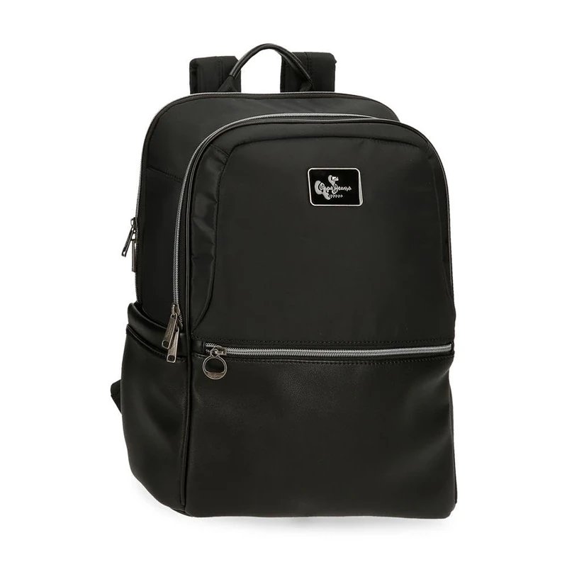 Pepe Jeans Christine Laptop Backpack 15.6 Inch Black 29x40x11cm Polyester with Faux Leather Details 15.6L by Joumma Bags, Black/White, One Size, Laptop Backpack