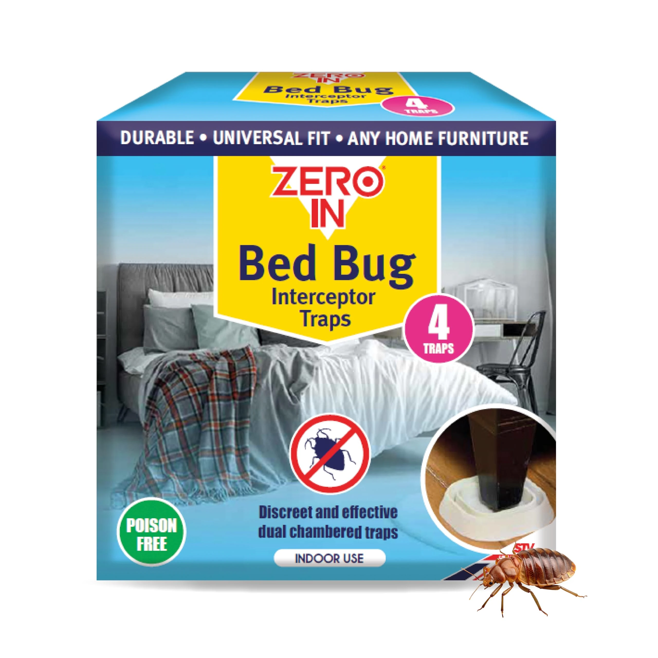 Zero In® Bed Bug Interceptor Traps – 4 Pack, Chemical-Free Bed Bug Traps for Early Detection & Home Protection, Poison-Free, Sustainable