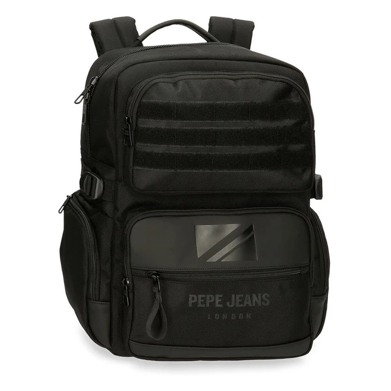 Pepe Jeans Bromley Backpack Portatablet Adaptable Laptop 15.6 Inch Black 28x40x16cm Polyester 20.46L by Joumma Bags, Black/White, One Size, Adaptable Portable Backpack