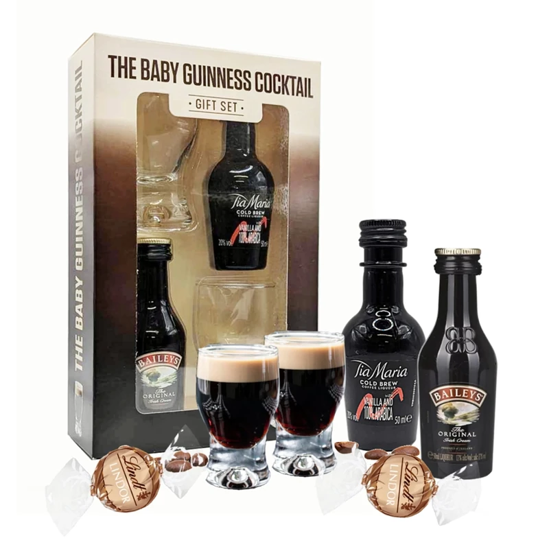 Baby Guinness Liqueur Gifts for Couples - Irish Cream & Coffee Liqueur 5cl Miniature Alcohol Bottles, 2 Shot Glasses with 2 Lindt Chocolate Truffles. Christmas Gifts for Women, Stocking Fillers