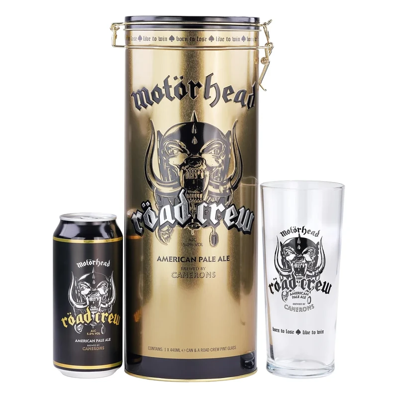 Motörhead Road Crew American Pale Ale Premium Tin Gift Set. Includes 440ml Can and Branded Glass and Pale British Ale by iconic Heavy Metal band. Perfect for Christmas. By Blue Tree Gifts.