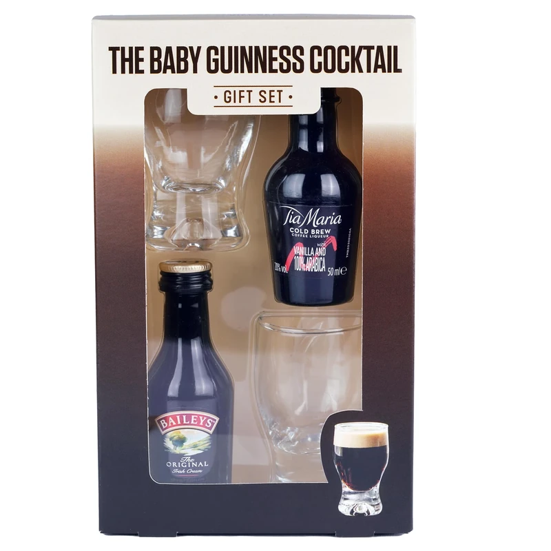 Baby Guinness Gift Set, including Tia Maria Cold Brew 5cl, Baileys 5cl, and Two Shot Glasses. Perfect for Christmas and Birthdays. Premium Packaging. By Blue Tree Gifts