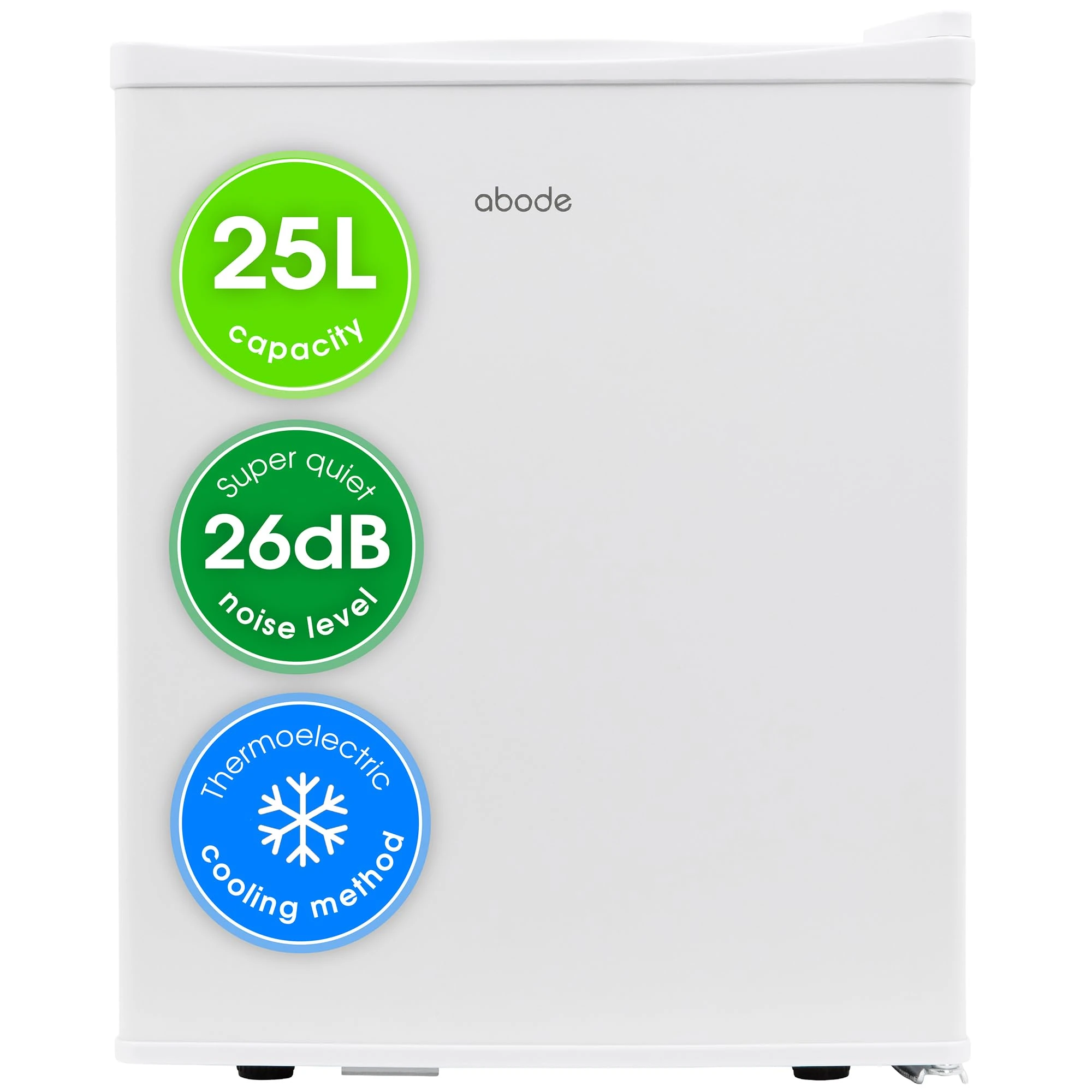 Abode Quiet Mini Cooler 25L Thermoelectric for Drinks with Adjustable Thermostat, Portable in White, Compact For Bedroom, Home, Caravan with Reversible Door A25THBC102W